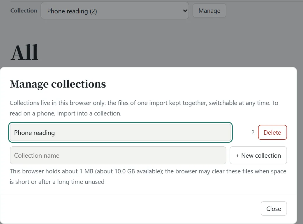 The Manage collections window: create, rename, delete, and the storage used