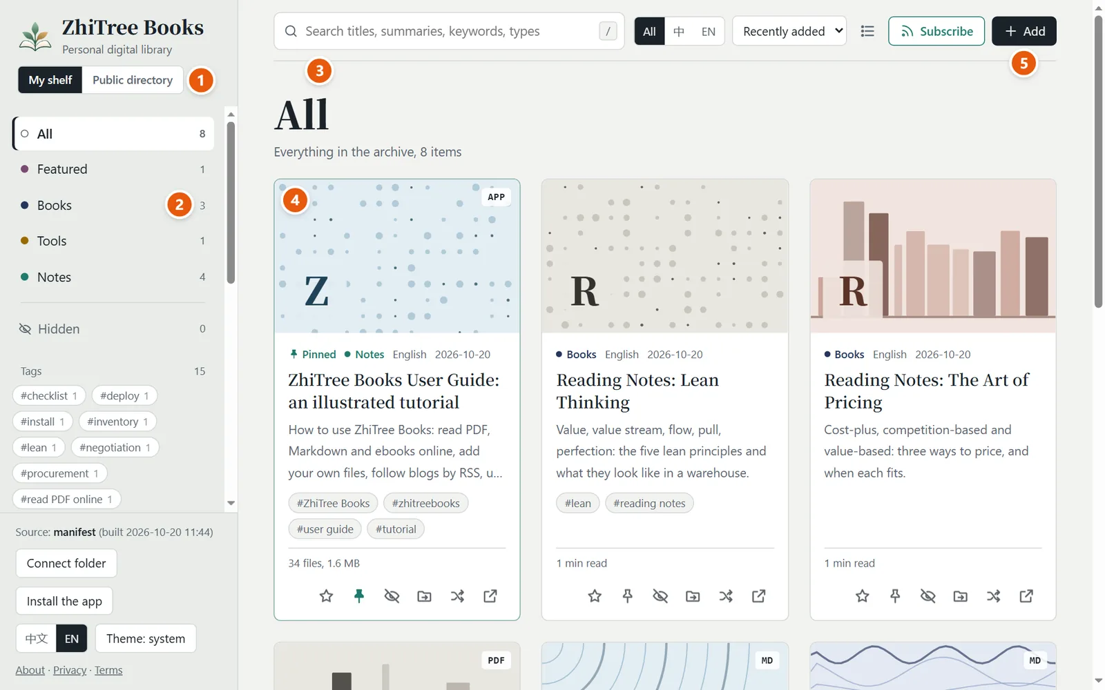 Home page: on the left the space switch, categories and tags; on the right the search box and the cards
