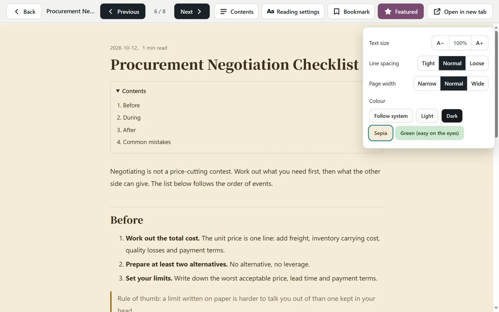 Reading settings: text size, line spacing, page width and five reading colours