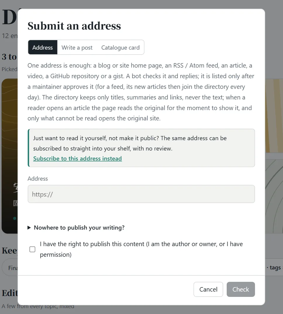 The Submit window: paste an address, click Check, then submit