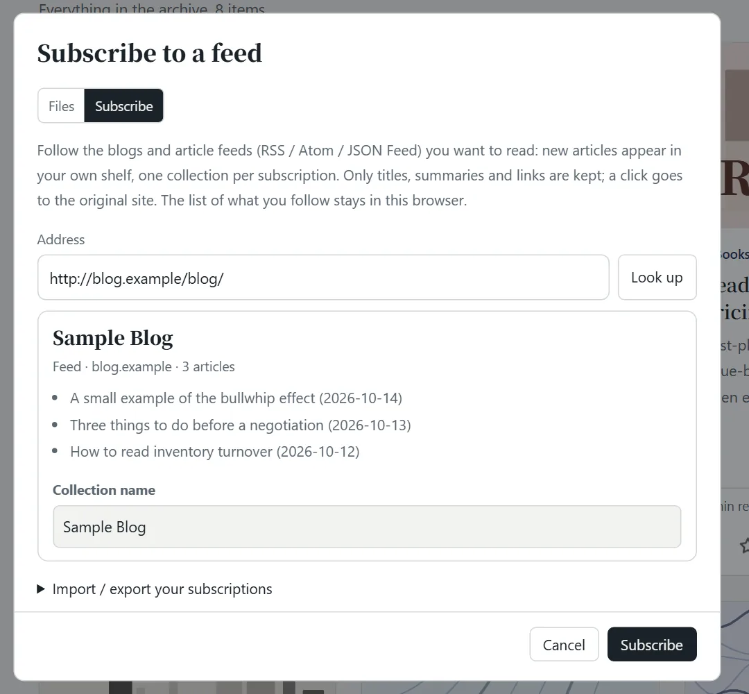 The Subscribe tab of the Add window: paste an address, look it up, see its name and latest articles, choose a collection name, click Subscribe