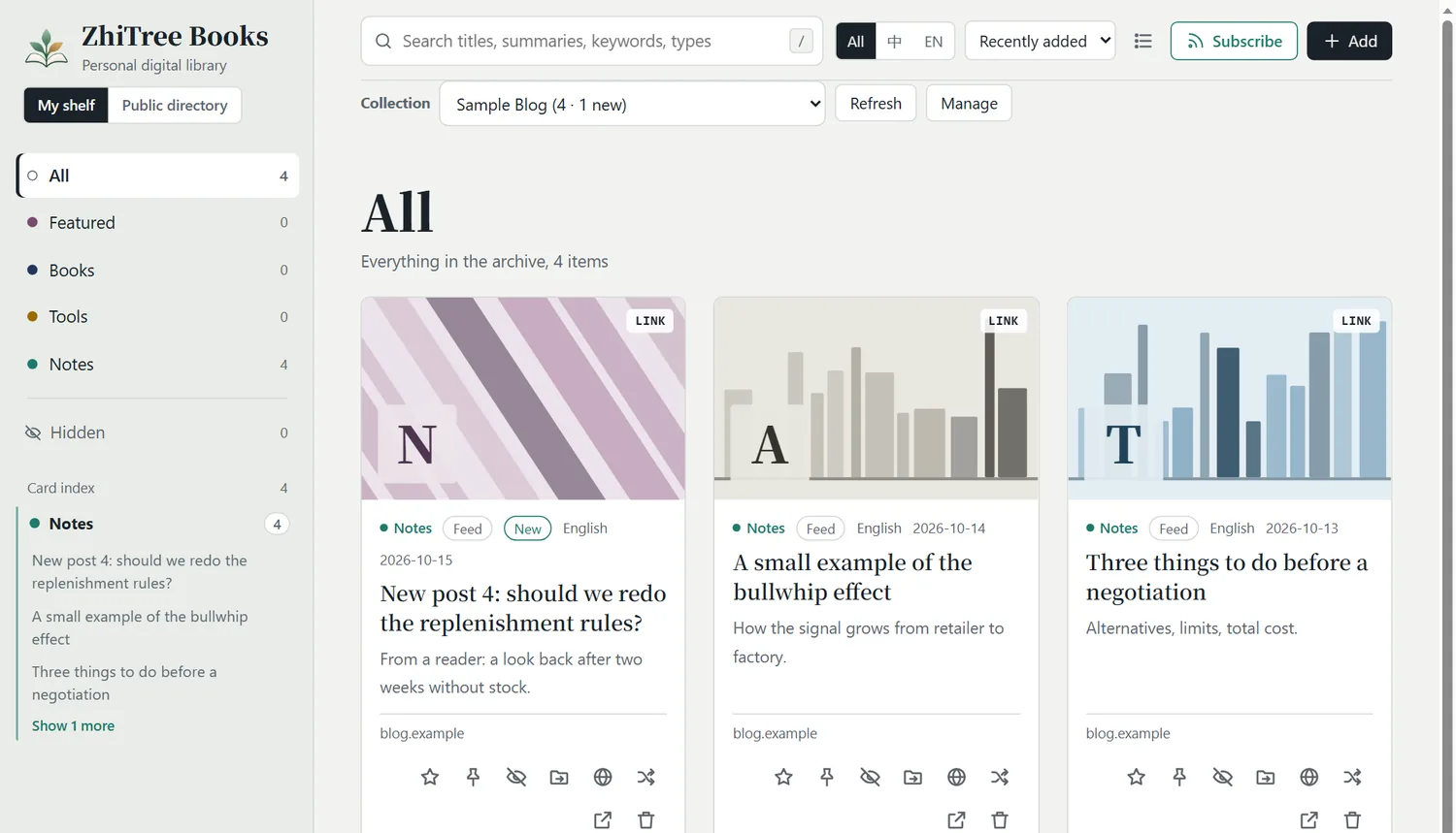 The shelf after subscribing: the subscription is a collection, new articles carry a “New” mark, and the collection shows how many are new