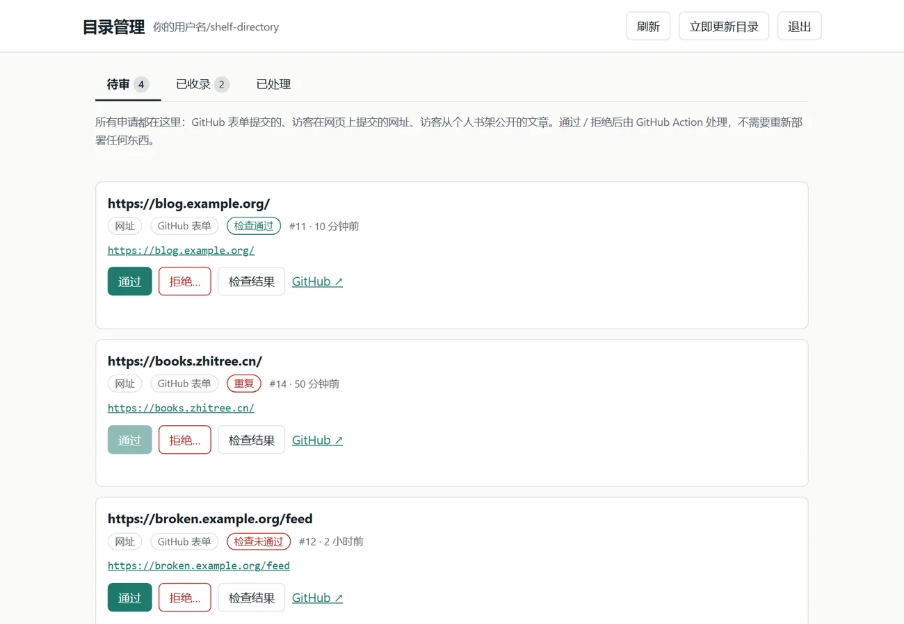 审核页：待审的申请，每条标着来源和检查结果，有“通过”和“拒绝”